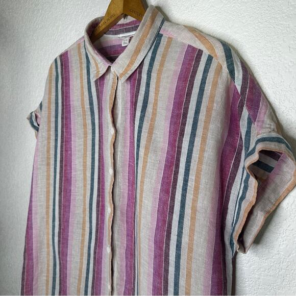 Beach Lunch Lounge Striped Linen Cotton Blend Short Sleeve Camp Shirt Large - Picture 1 of 9